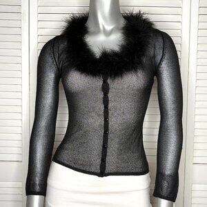 Vintage Y2K Betsey Johnson Sheer Knit Marabou Feather Trim Cardigan S 2000s